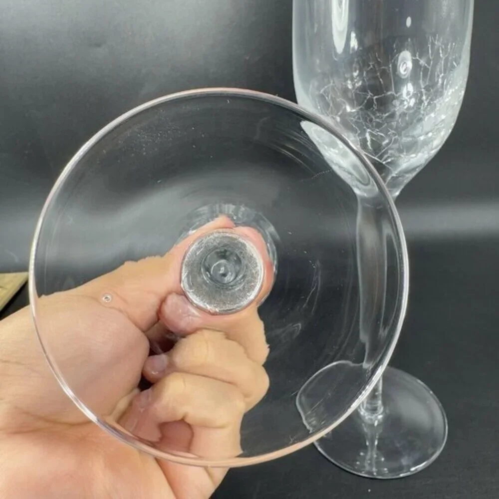 Pier 1 Clear Glass Crackle Angled Rim‎ Goblet Drinking Glasses Cups Flutes Set 2